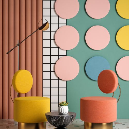 Couleurs vives (Rouge, jaune, bleu électriques, vert pomme / Styles : Pop art, ambiance rétro, contemporain ...)